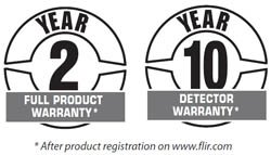 FLIR warranty, 2 years on camera, 10 years on detector FLIR 10 Year Warranty